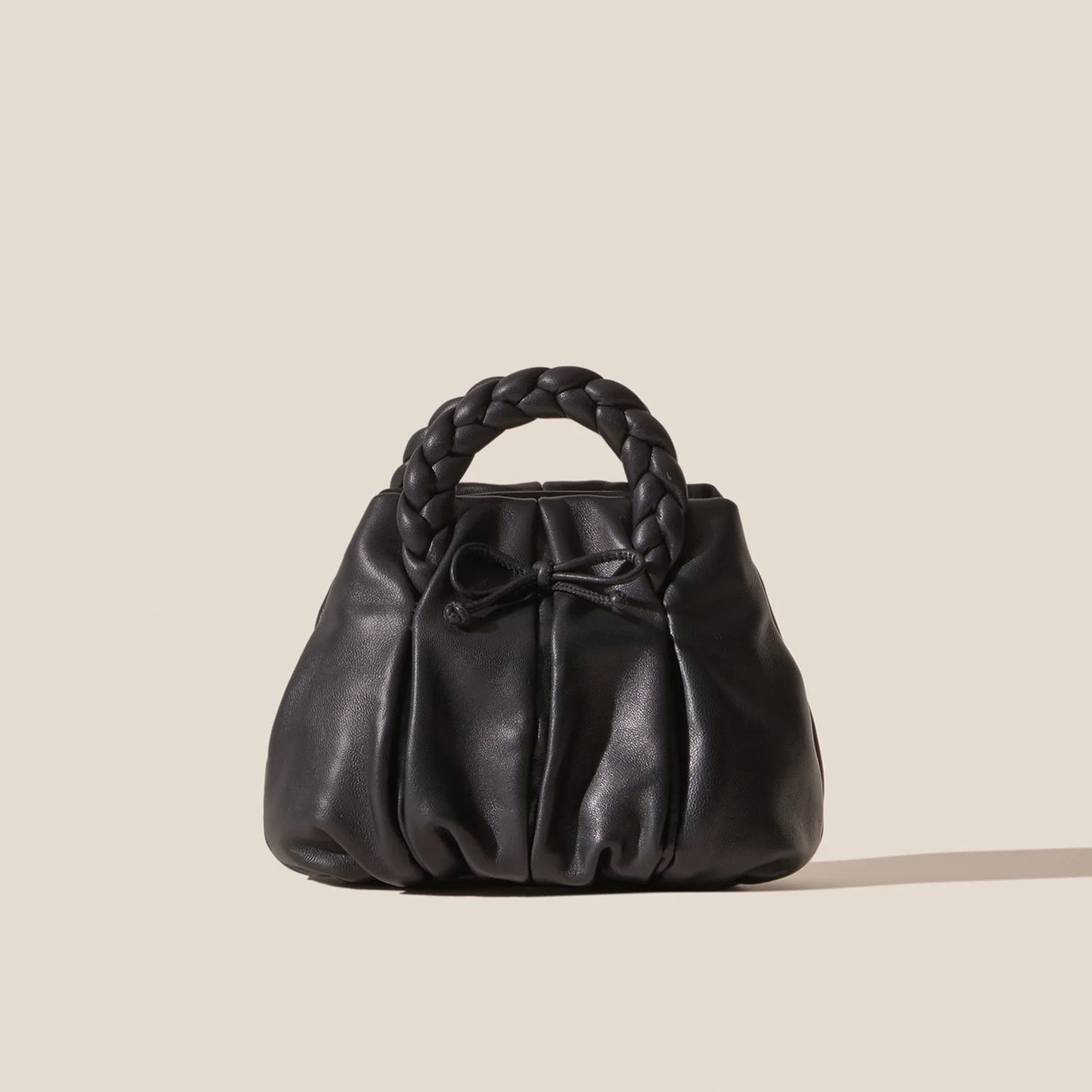 Sleek Jet Black Soft Gathered Petite Rounded Pouch With Thick Woven Braided Loop Grip And Tiny Knotted Closure Tie