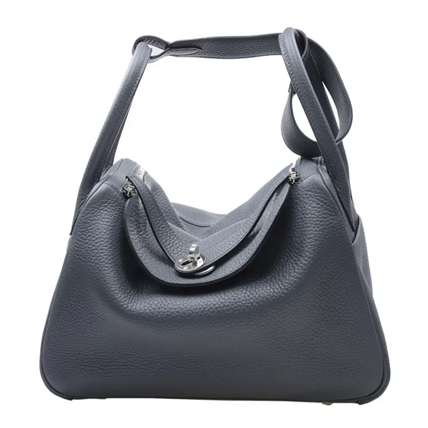 Calm Stormy Slate Blue Distinct Pebble Grain Soft Dome Shoulder Bag With Round Silvery Twist Flap Hardware And Dual Wide Carry Loops