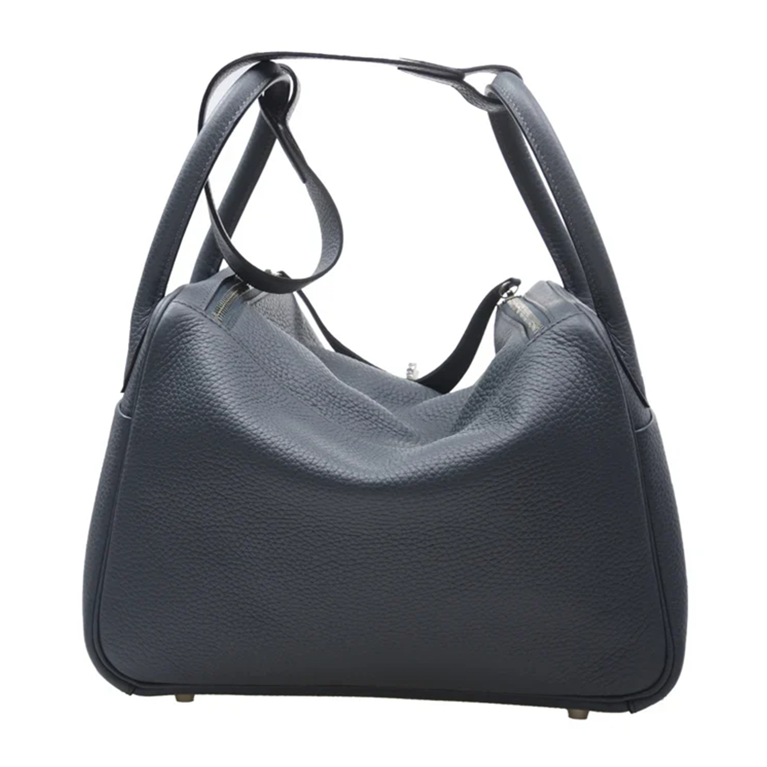 Calm Stormy Slate Blue Distinct Pebble Grain Soft Dome Shoulder Bag With Round Silvery Twist Flap Hardware And Dual Wide Carry Loops