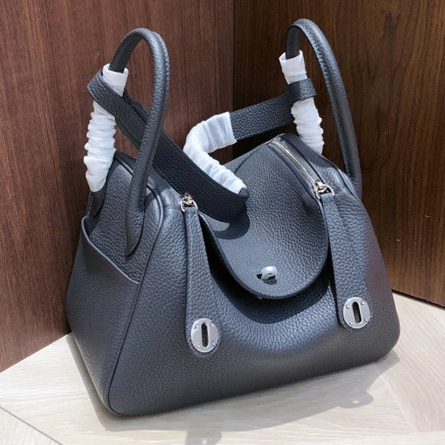 Calm Stormy Slate Blue Distinct Pebble Grain Soft Dome Shoulder Bag With Round Silvery Twist Flap Hardware And Dual Wide Carry Loops