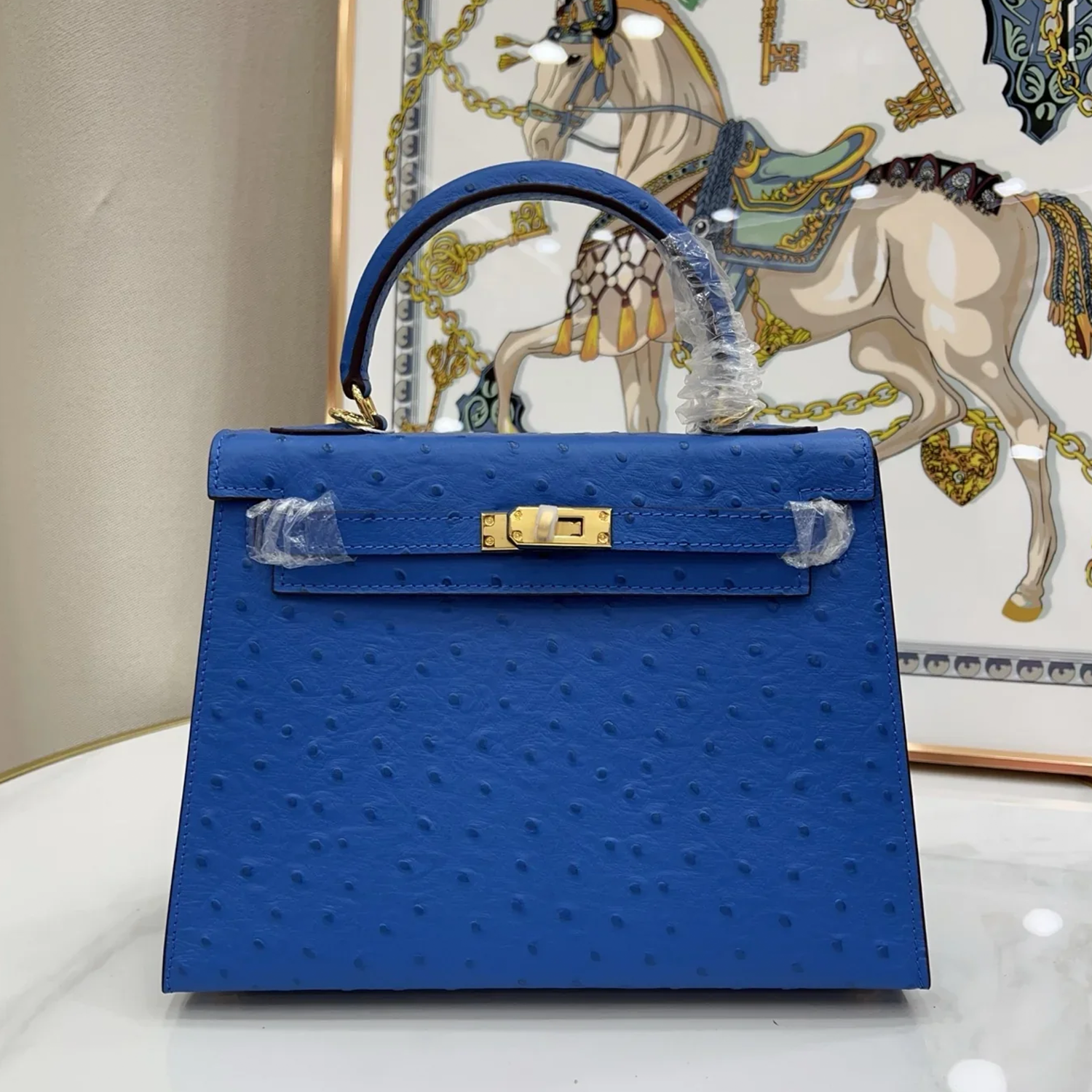Vivid Electric Azure Blue Uniform Dotted Compact Trapezoid Hand Tote With Radiant Golden Twist Lock Hardware And Matching Azure Suspended Metal Padlock Charm