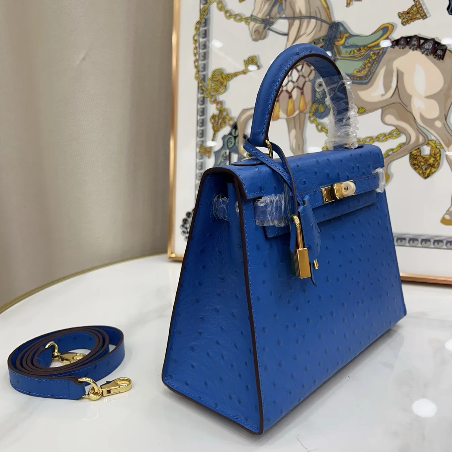 Vivid Electric Azure Blue Uniform Dotted Compact Trapezoid Hand Tote With Radiant Golden Twist Lock Hardware And Matching Azure Suspended Metal Padlock Charm