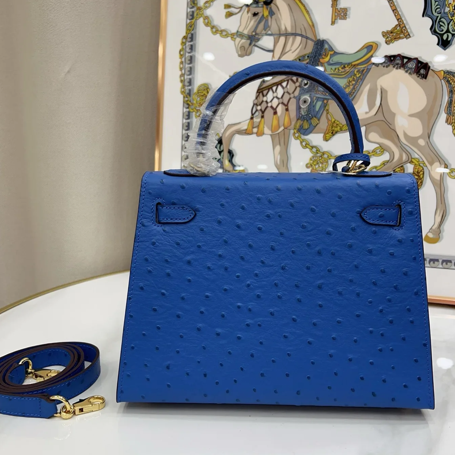 Vivid Electric Azure Blue Uniform Dotted Compact Trapezoid Hand Tote With Radiant Golden Twist Lock Hardware And Matching Azure Suspended Metal Padlock Charm