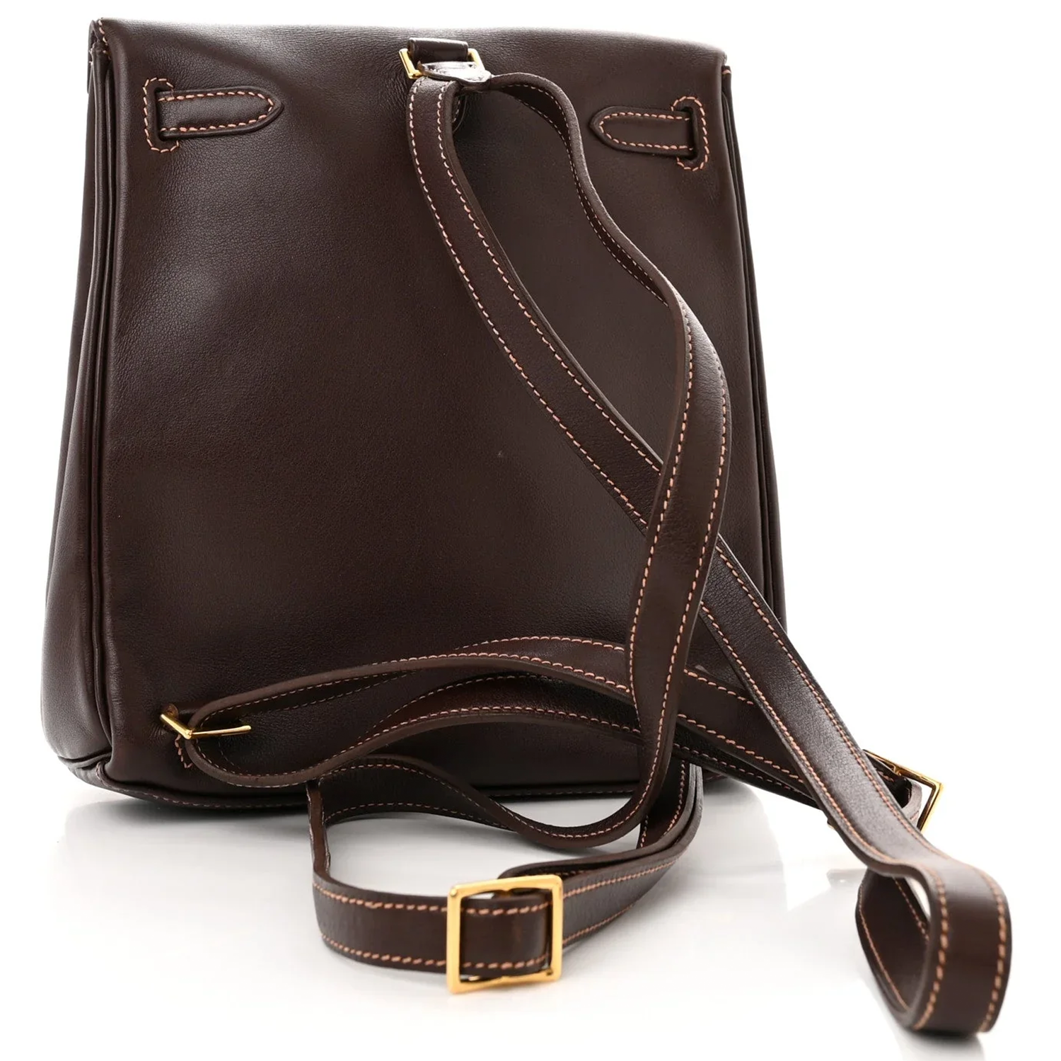 Rich Deep Chocolate Brown Sleek Smooth Compact Vertical Backpack With Pale Contrast Stitching And Polished Silvery Twist Lock Flap Hardware